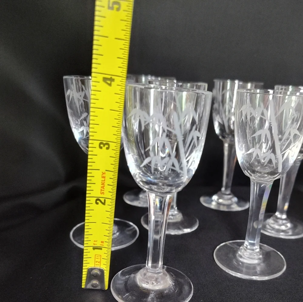 Noritake Sasuke Etched Crystal Bamboo Cordials Glasses, Set Of Eight, Japan